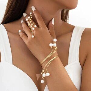 Classic 2 Pcs/Set Gold Plated Tiered Line Pearl Ring Statement Bangle Bracelet